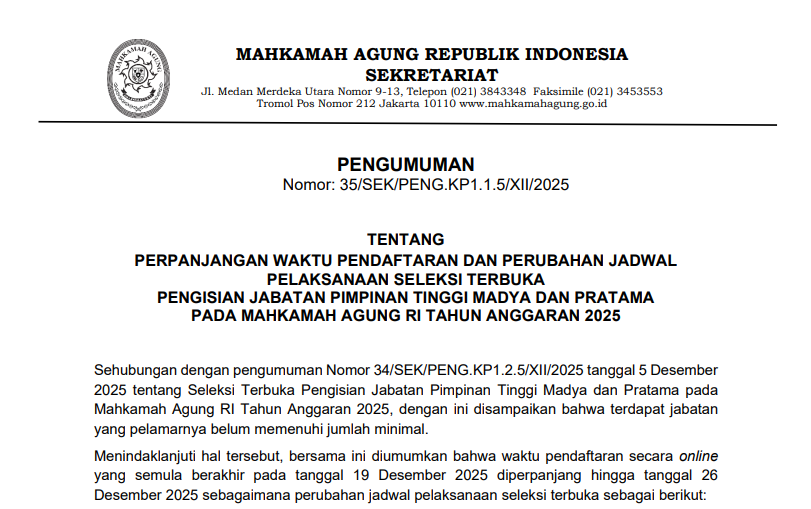 PERPANJANGAN WAKTU PENDAFTARAN DAN PERUBAHAN JADWAL PELAKSANAAN SELEKSI TERBUKA PENGISIAN…....