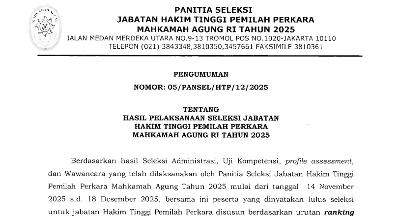 Hasil Pelaksanaan Seleksi Jabatan Hakim Tinggi Pemilah Perkara Tahun 2025